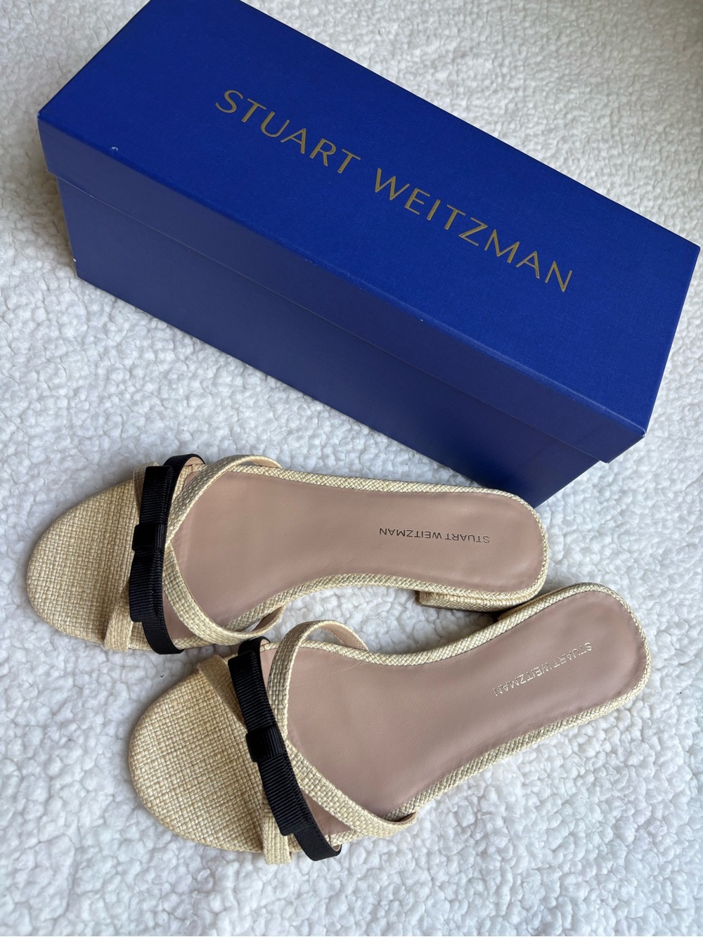 Stuart Weitzman Beige Natural Raffia Slide Mule Sandals Black Bow (7.5)